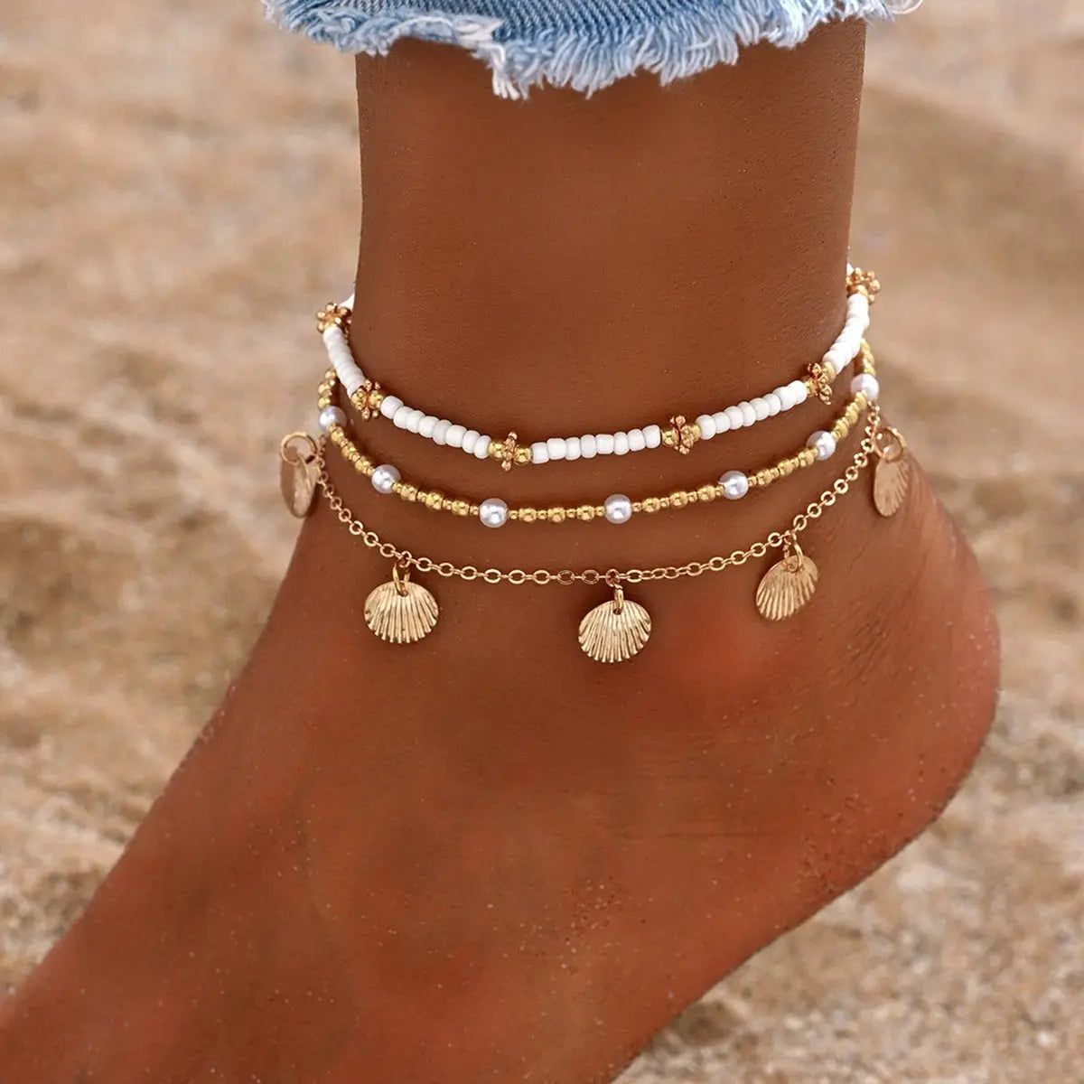 Starfish shell millet beaded anklet three-layer set - Blade & Thread