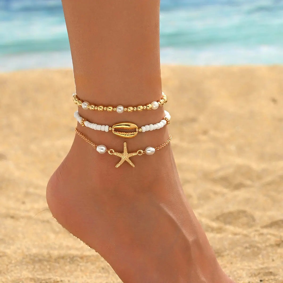 Starfish shell millet beaded anklet three-layer set nowadaysfashion