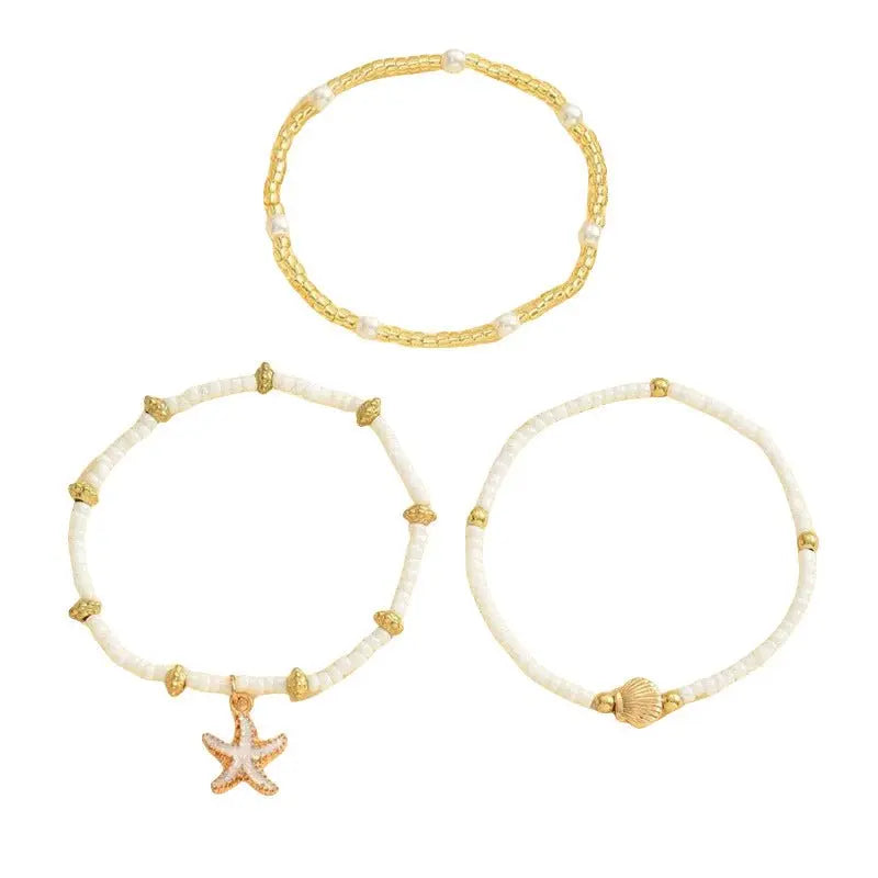 Starfish shell millet beaded anklet three-layer set nowadaysfashion