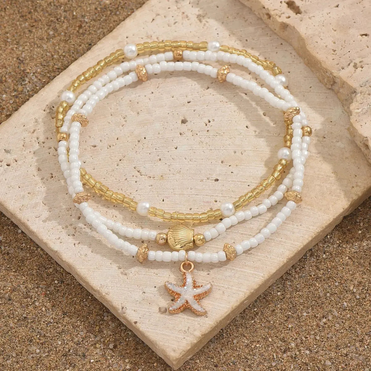 Starfish shell millet beaded anklet three-layer set - Blade & Thread