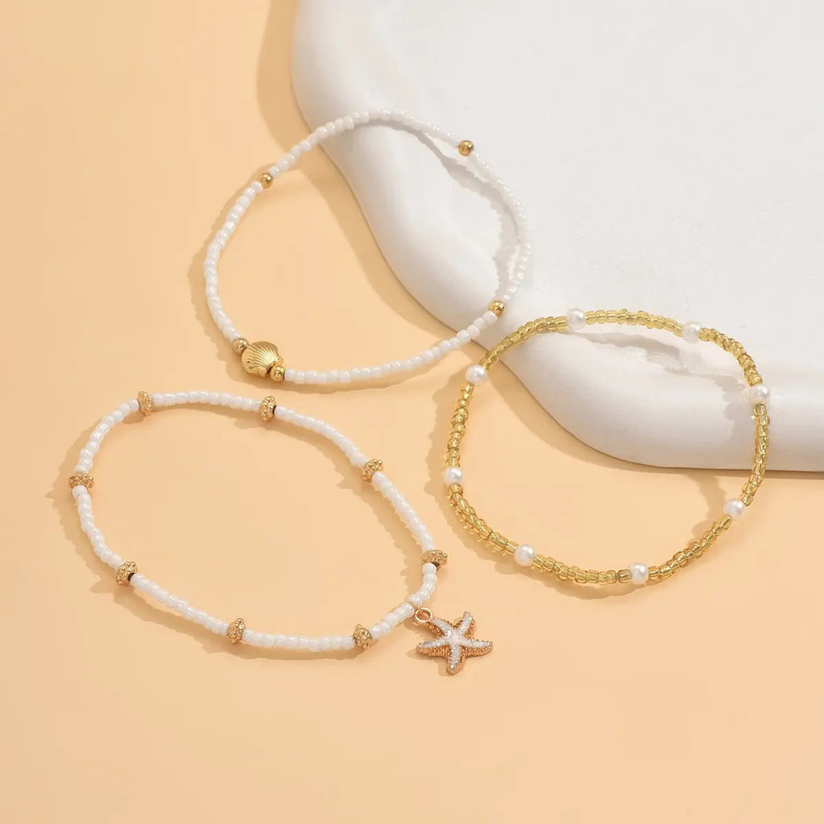 Starfish shell millet beaded anklet three-layer set - Blade & Thread