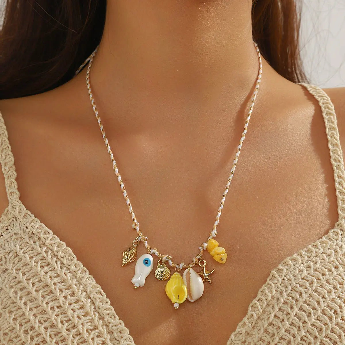 starfish shell necklace colorful rope braided ceramic necklace nowadaysfashion