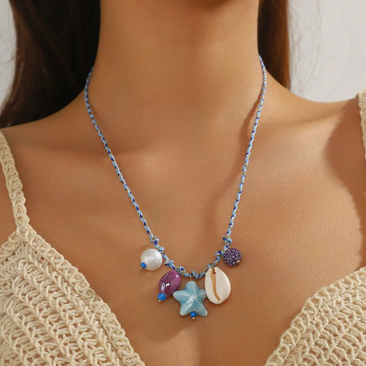 starfish shell necklace colorful rope braided ceramic necklace - Blade & Thread