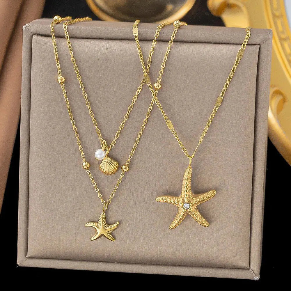 starfish shell necklace double-layer gold necklace - Blade & Thread