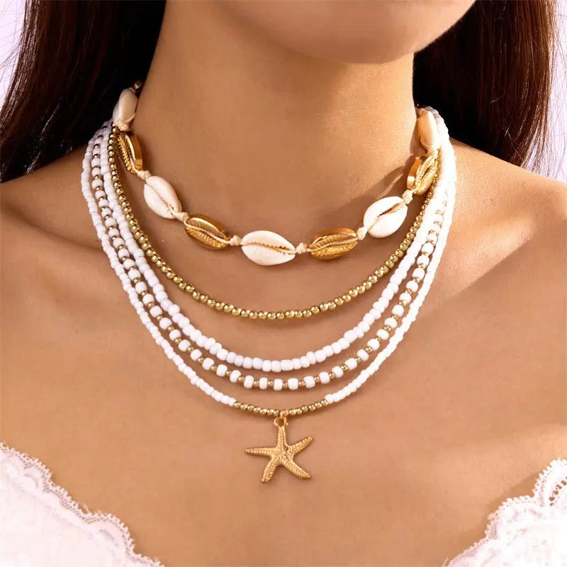 Starfish shell rice bead multi-layer necklace - Blade & Thread