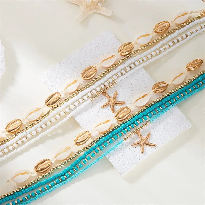 Starfish shell rice bead multi-layer necklace - Blade & Thread