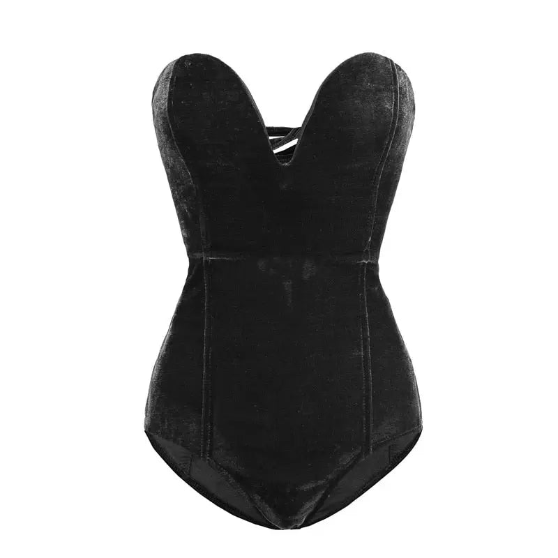 Strapless Velvet Sexy Bodysuit Women Sweetheart Bodycon Backless Lace Up Body V Neck Bodysuits - Blade & Thread