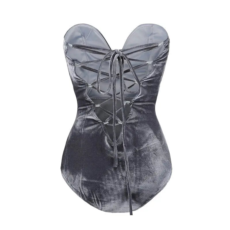 Strapless Velvet Sexy Bodysuit Women Sweetheart Bodycon Backless Lace Up Body V Neck Bodysuits - Blade & Thread