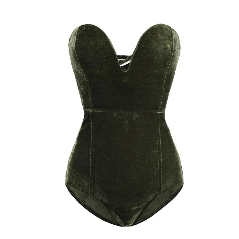 Strapless Velvet Sexy Bodysuit Women Sweetheart Bodycon Backless Lace Up Body V Neck Bodysuits - Blade & Thread