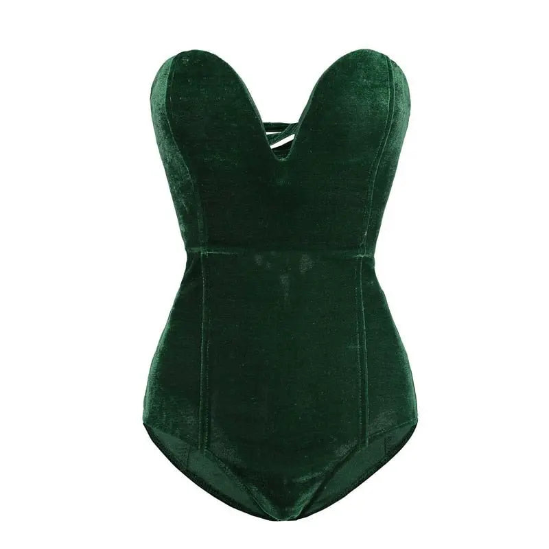 Strapless Velvet Sexy Bodysuit Women Sweetheart Bodycon Backless Lace Up Body V Neck Bodysuits - Blade & Thread