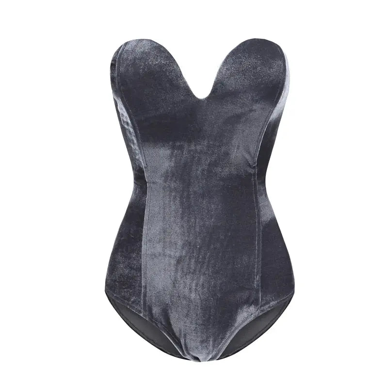 Strapless Velvet Sexy Bodysuit Women Sweetheart Bodycon Backless Lace Up Body V Neck Bodysuits nowadaysfashion