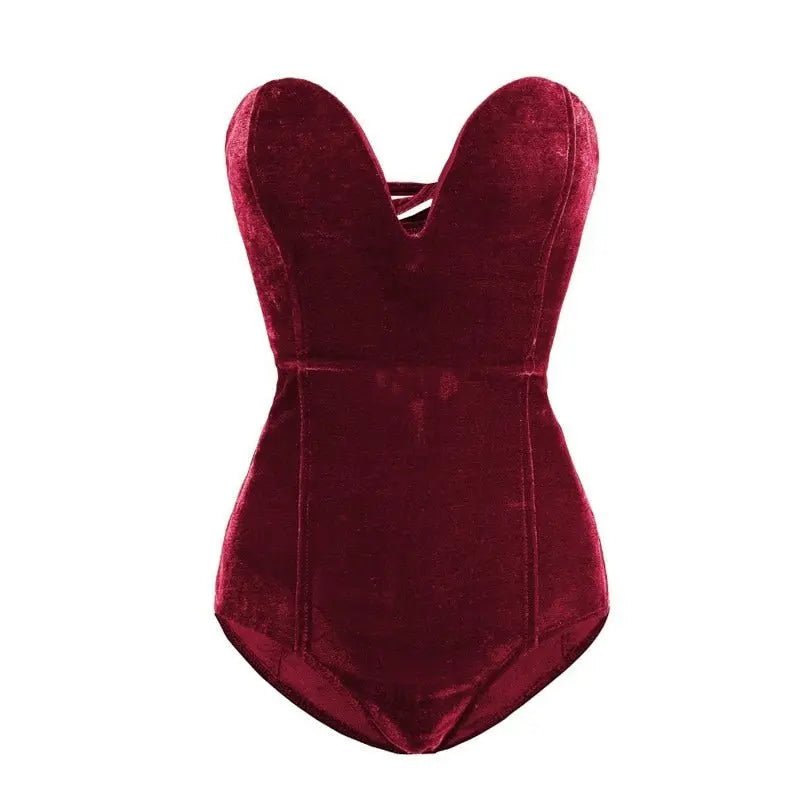 Strapless Velvet Sexy Bodysuit Women Sweetheart Bodycon Backless Lace Up Body V Neck Bodysuits - Blade & Thread