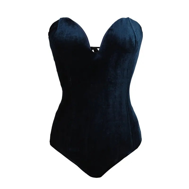 Strapless Velvet Sexy Bodysuit Women Sweetheart Bodycon Backless Lace Up Body V Neck Bodysuits - Blade & Thread