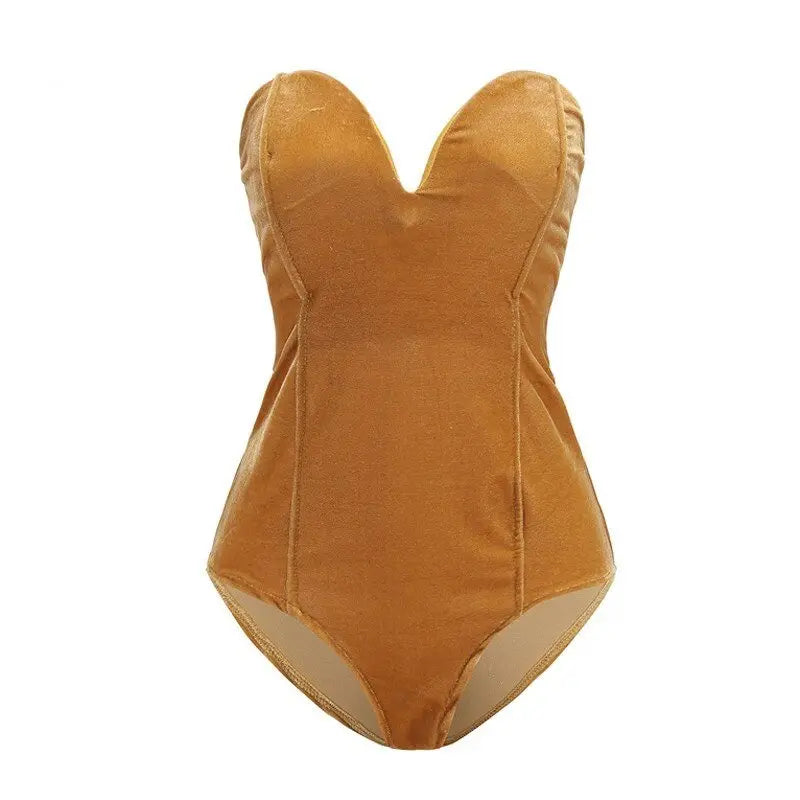Strapless Velvet Sexy Bodysuit Women Sweetheart Bodycon Backless Lace Up Body V Neck Bodysuits nowadaysfashion
