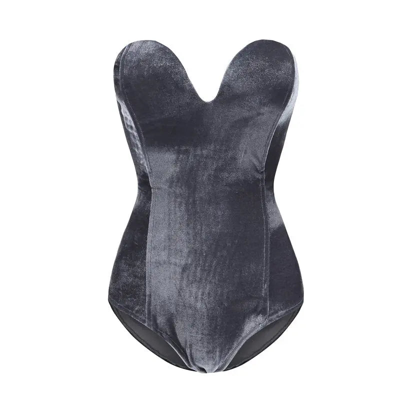 Strapless Velvet Sexy Bodysuit Women Sweetheart Bodycon Backless Lace Up Body V Neck Bodysuits - Blade & Thread