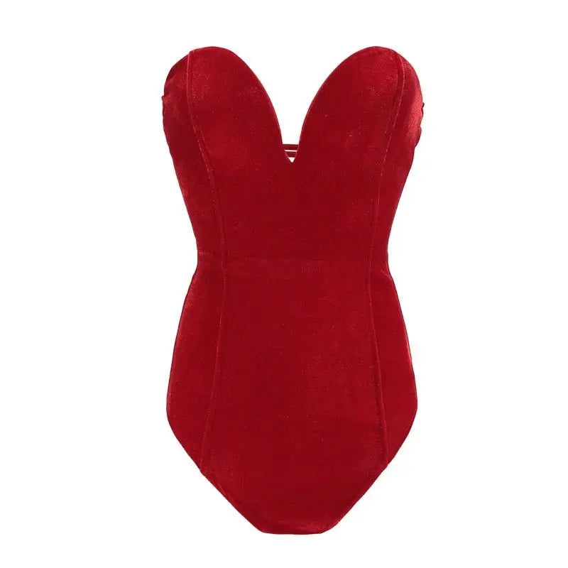Strapless Velvet Sexy Bodysuit Women Sweetheart Bodycon Backless Lace Up Body V Neck Bodysuits - Blade & Thread