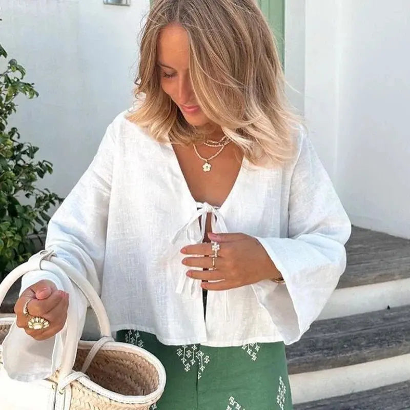 Street Lace Up Shirts Women Sexy Hollow Out V Neck Long Sleeve Femlae T-shirt - Blade & Thread