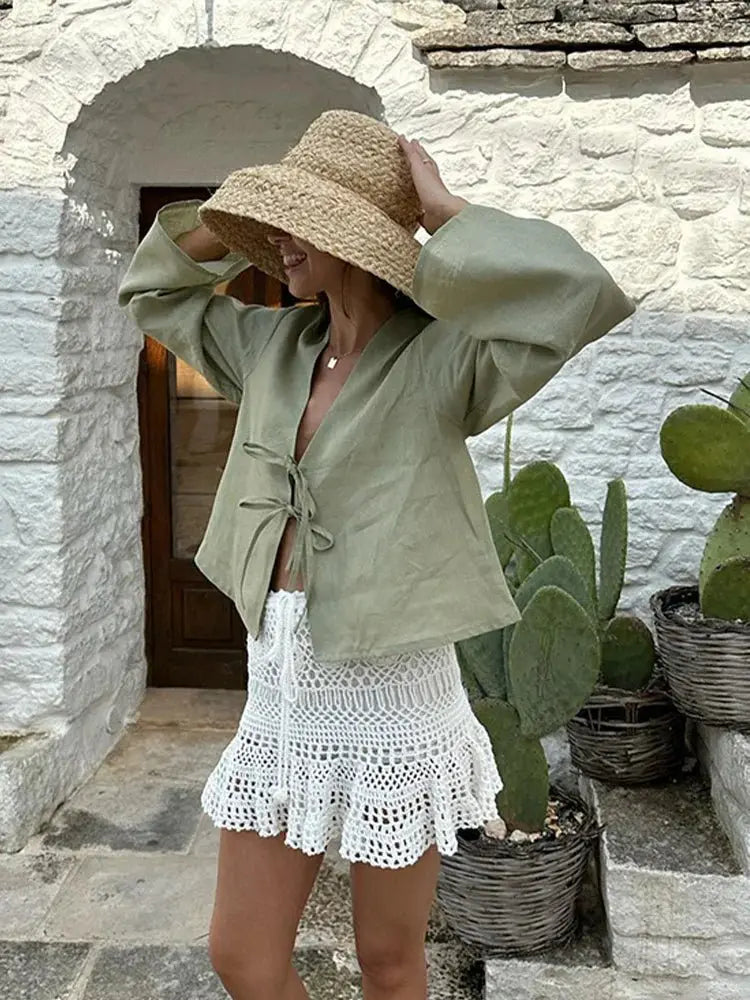 Street Lace Up Shirts Women Sexy Hollow Out V Neck Long Sleeve Femlae T-shirt - Blade & Thread