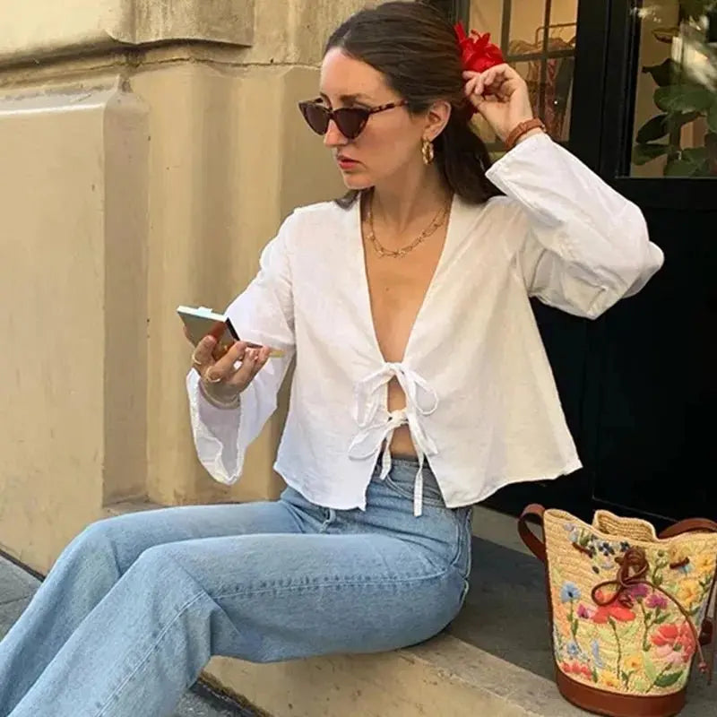 Street Lace Up Shirts Women Sexy Hollow Out V Neck Long Sleeve Femlae T-shirt - Blade & Thread