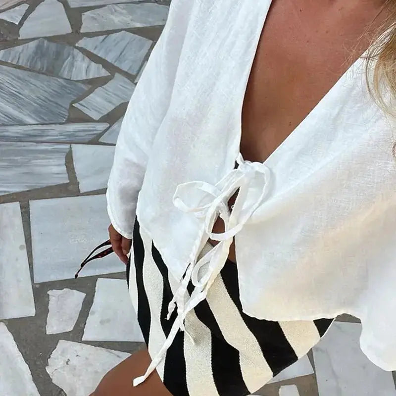 Street Lace Up Shirts Women Sexy Hollow Out V Neck Long Sleeve Femlae T-shirt - Blade & Thread