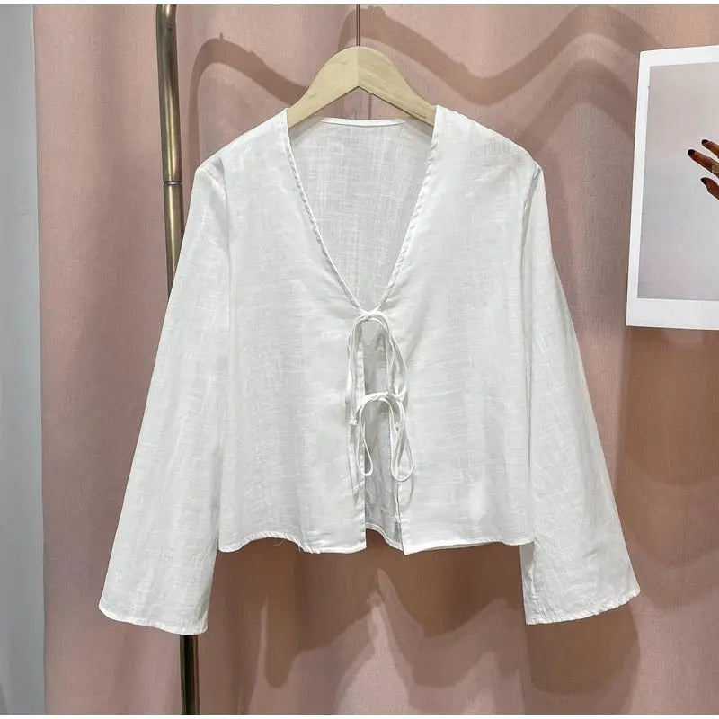 Street Lace Up Shirts Women Sexy Hollow Out V Neck Long Sleeve Femlae T-shirt - Blade & Thread