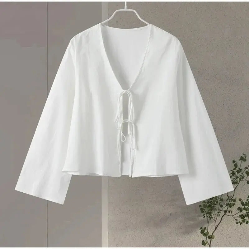 Street Lace Up Shirts Women Sexy Hollow Out V Neck Long Sleeve Femlae T-shirt - Blade & Thread