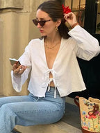 Street Lace Up Shirts Women Sexy Hollow Out V Neck Long Sleeve Femlae T-shirt nowadaysfashion