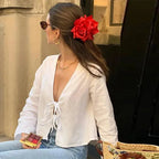 Street Lace Up Shirts Women Sexy Hollow Out V Neck Long Sleeve Femlae T-shirt nowadaysfashion