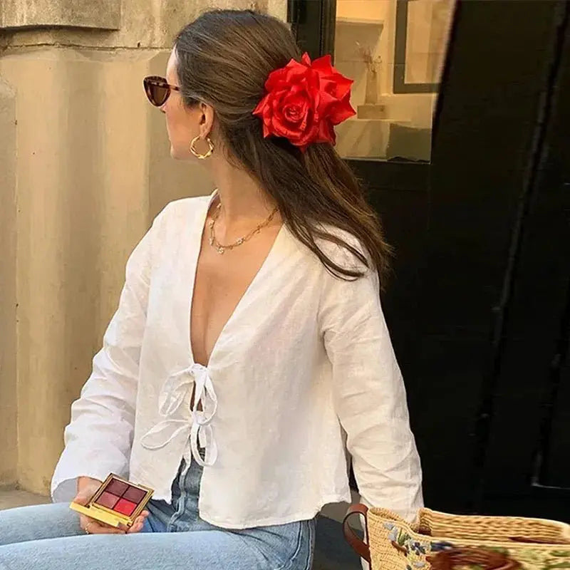 Street Lace Up Shirts Women Sexy Hollow Out V Neck Long Sleeve Femlae T-shirt - Blade & Thread