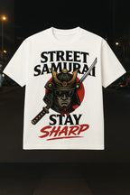 Street Samurai Graphic T-Shirt – Japanese Warrior Sword Design, White Cotton Tee nowadaysfashion
