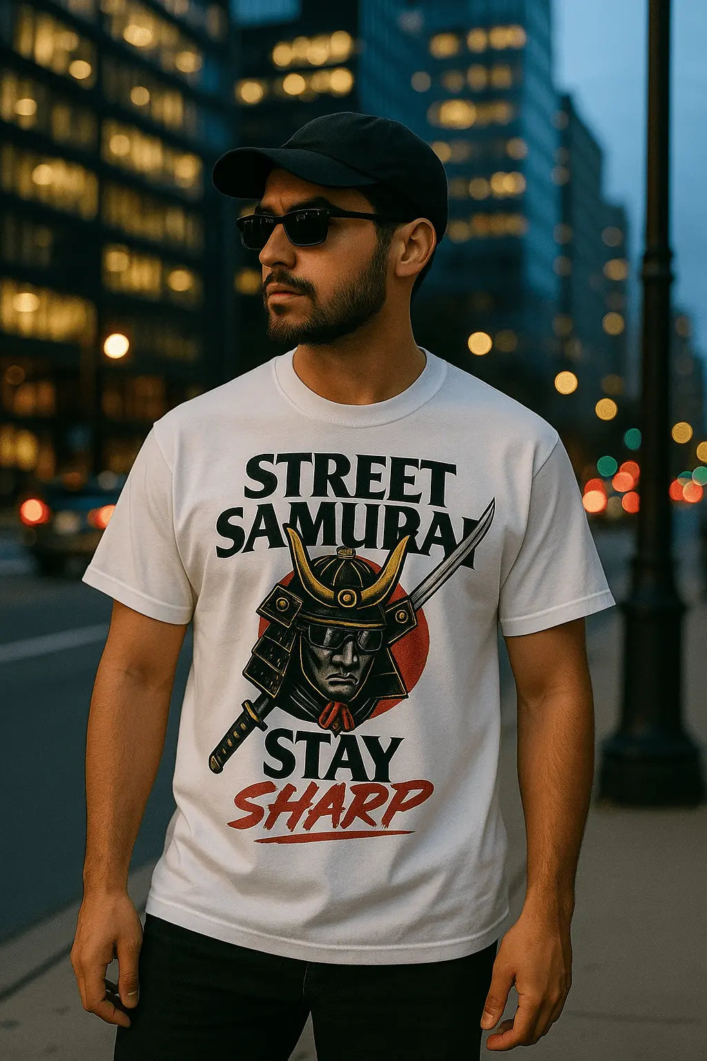 Street Samurai Graphic T-Shirt – Japanese Warrior Sword Design, White Cotton Tee - Blade & Thread