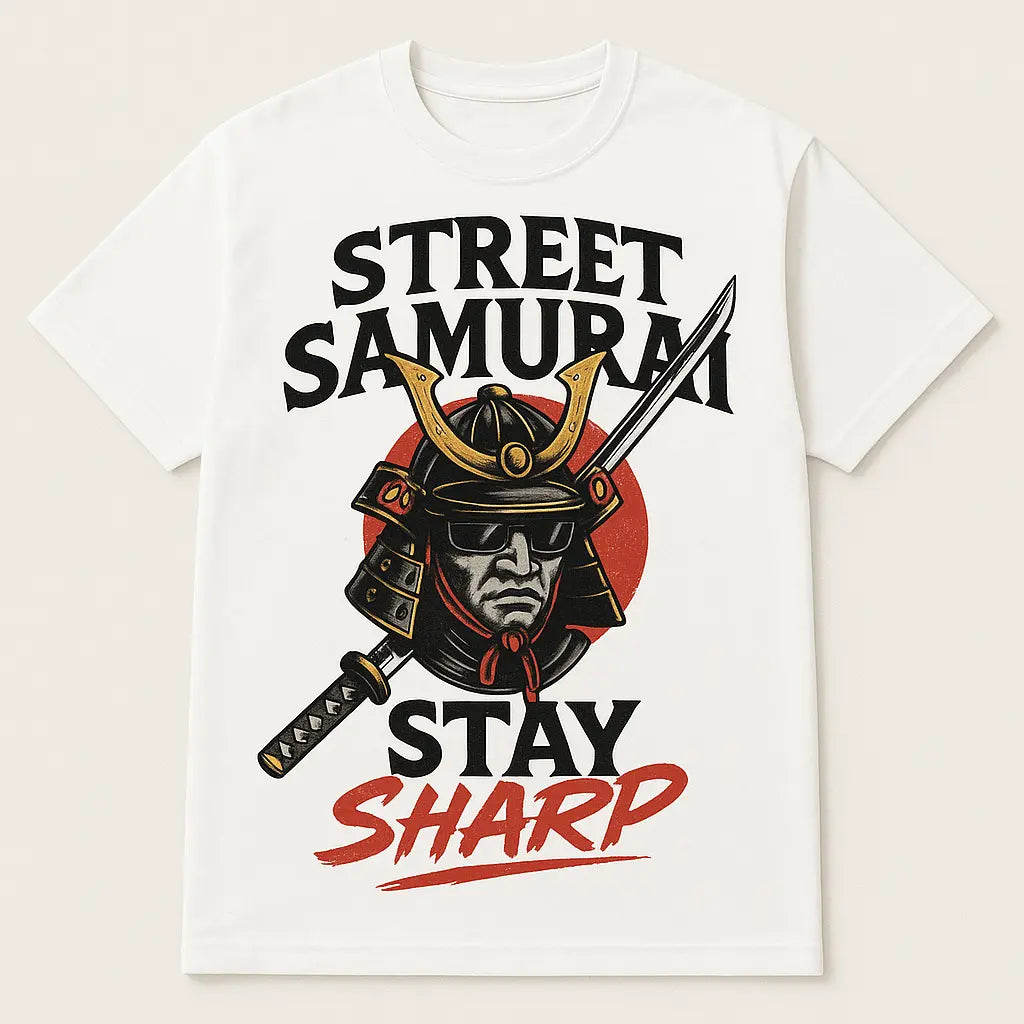 Street Samurai Graphic T-Shirt – Japanese Warrior Sword Design, White Cotton Tee - Blade & Thread