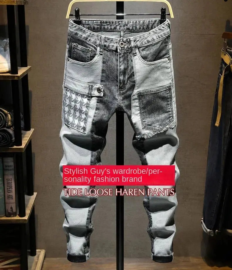 Streetwear 90s Slim Cowboy Grey Stretch Work Wear Splice Long Pants Man - Blade & Thread