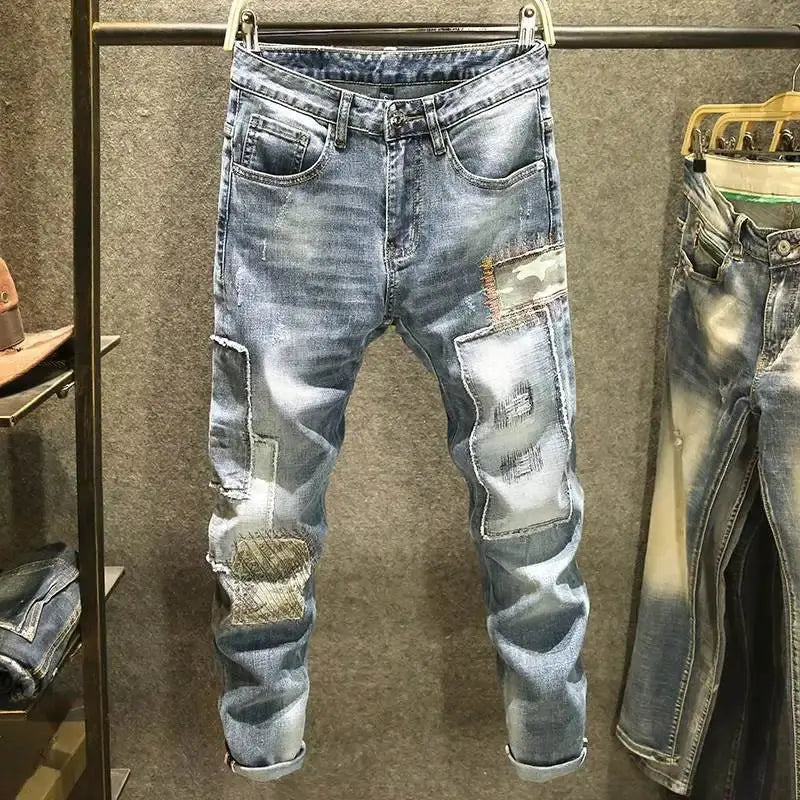 Streetwear 90s Slim Cowboy Grey Stretch Work Wear Splice Long Pants Man - Blade & Thread