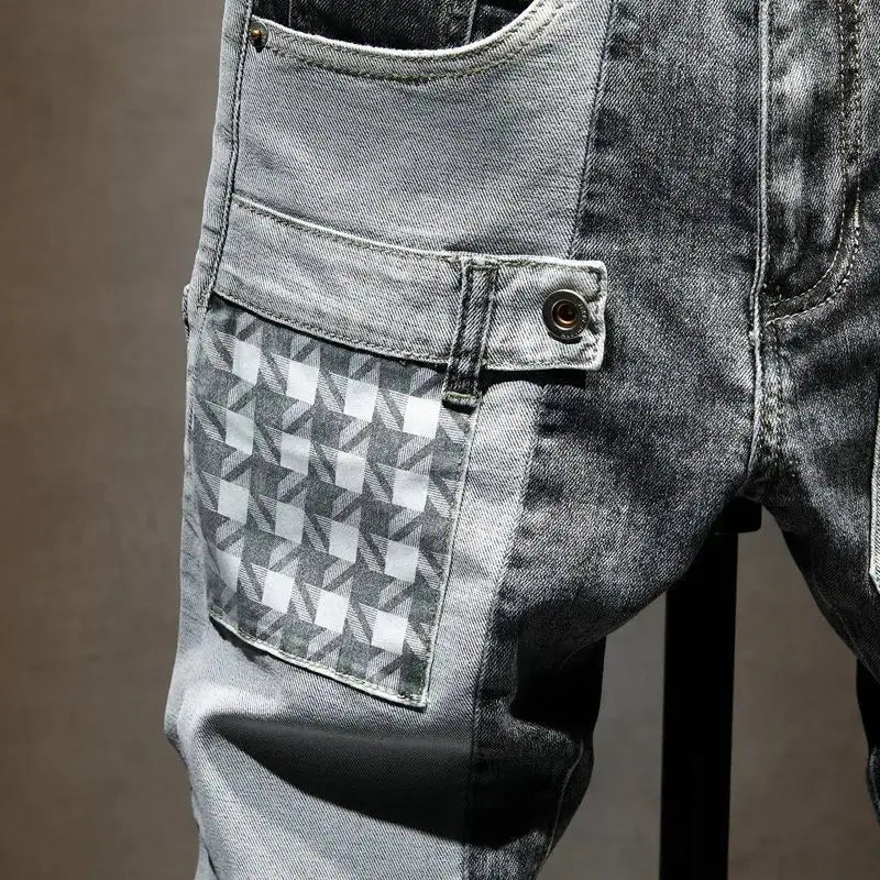 Streetwear 90s Slim Cowboy Grey Stretch Work Wear Splice Long Pants Man - Blade & Thread