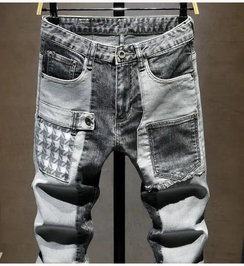 Streetwear 90s Slim Cowboy Grey Stretch Work Wear Splice Long Pants Man nowadaysfashion