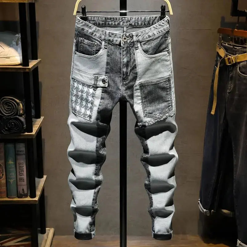Streetwear 90s Slim Cowboy Grey Stretch Work Wear Splice Long Pants Man nowadaysfashion