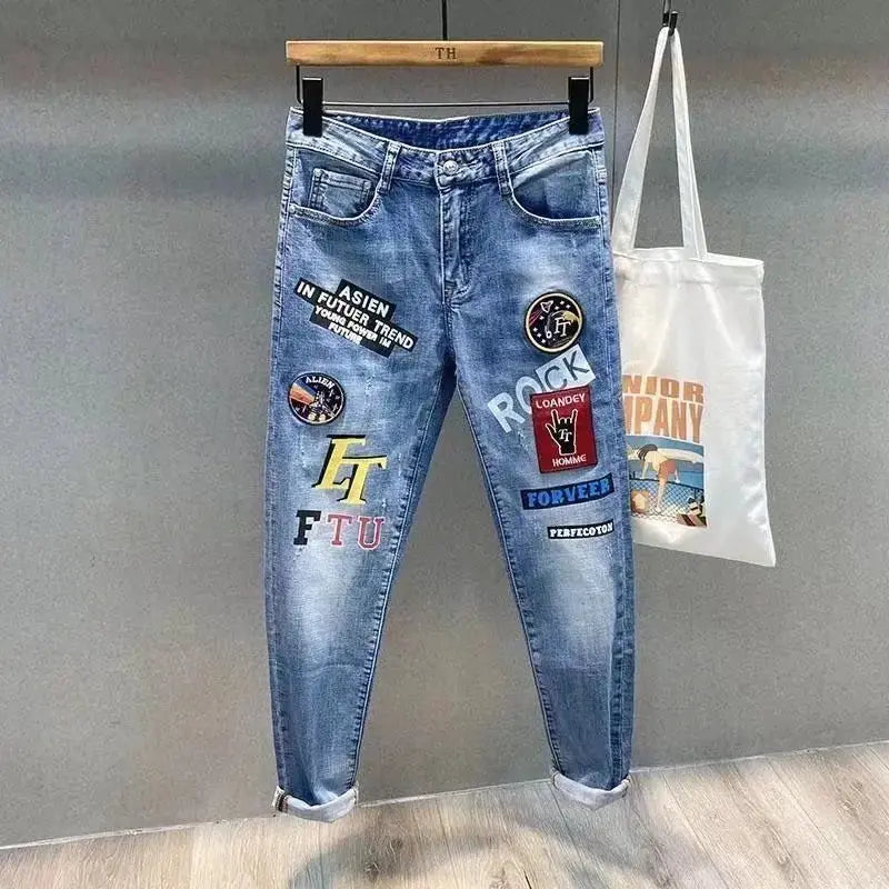 Streetwear 90s Slim Cowboy Grey Stretch Work Wear Splice Long Pants Man - Blade & Thread