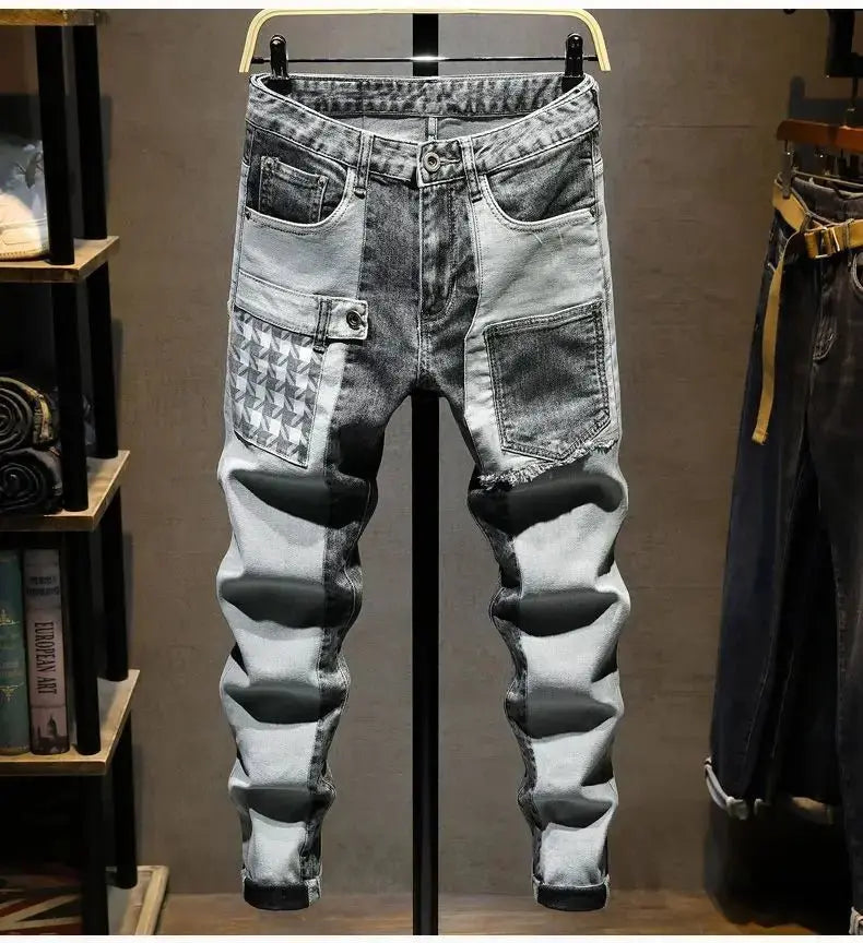 Streetwear 90s Slim Cowboy Grey Stretch Work Wear Splice Long Pants Man - Blade & Thread