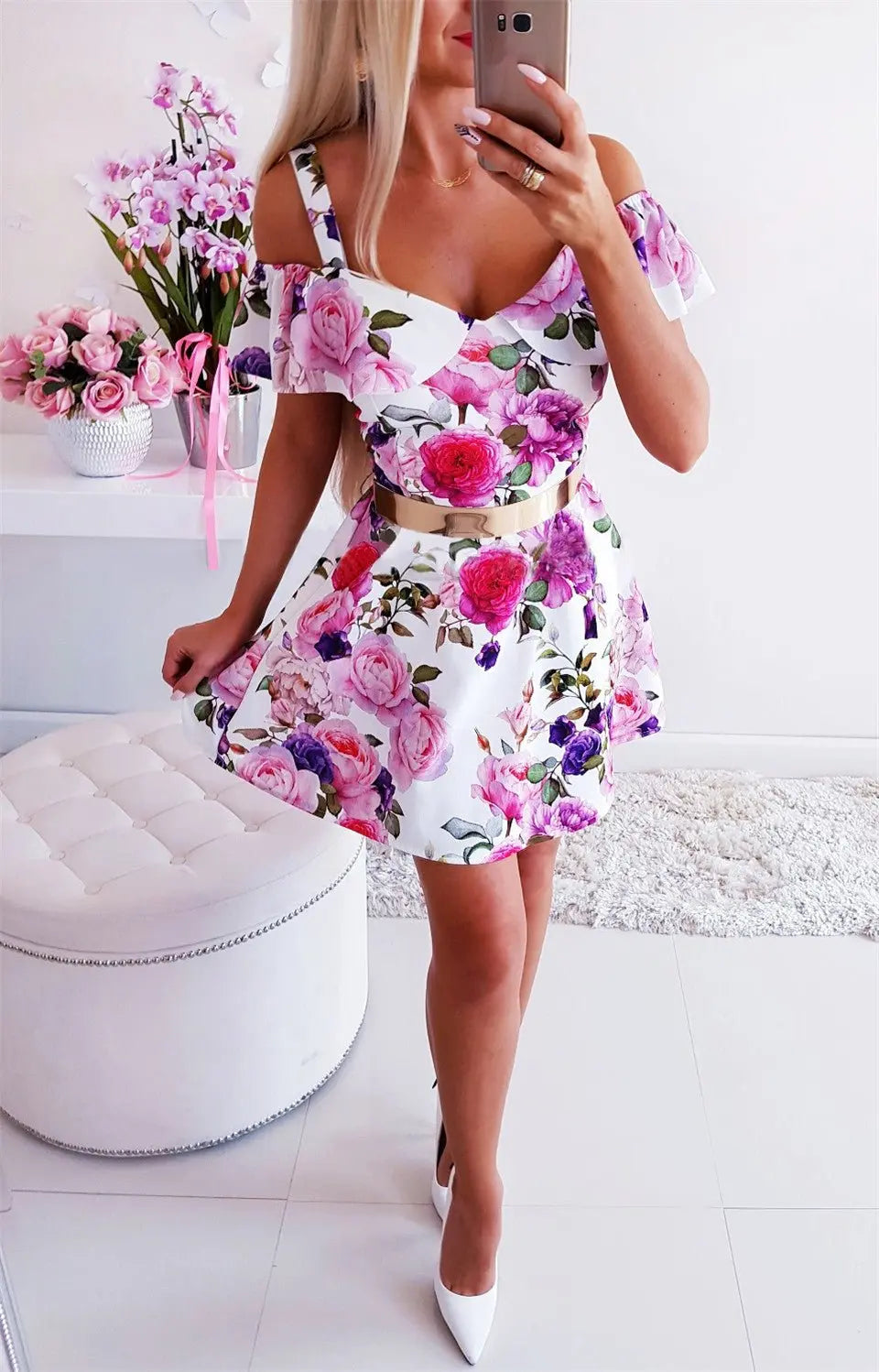 Streetwear Rullfes Decor Sling Strapless Short Sleeve Flower Print Mini Summer Dress - Blade & Thread