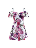Streetwear Rullfes Decor Sling Strapless Short Sleeve Flower Print Mini Summer Dress nowadaysfashion