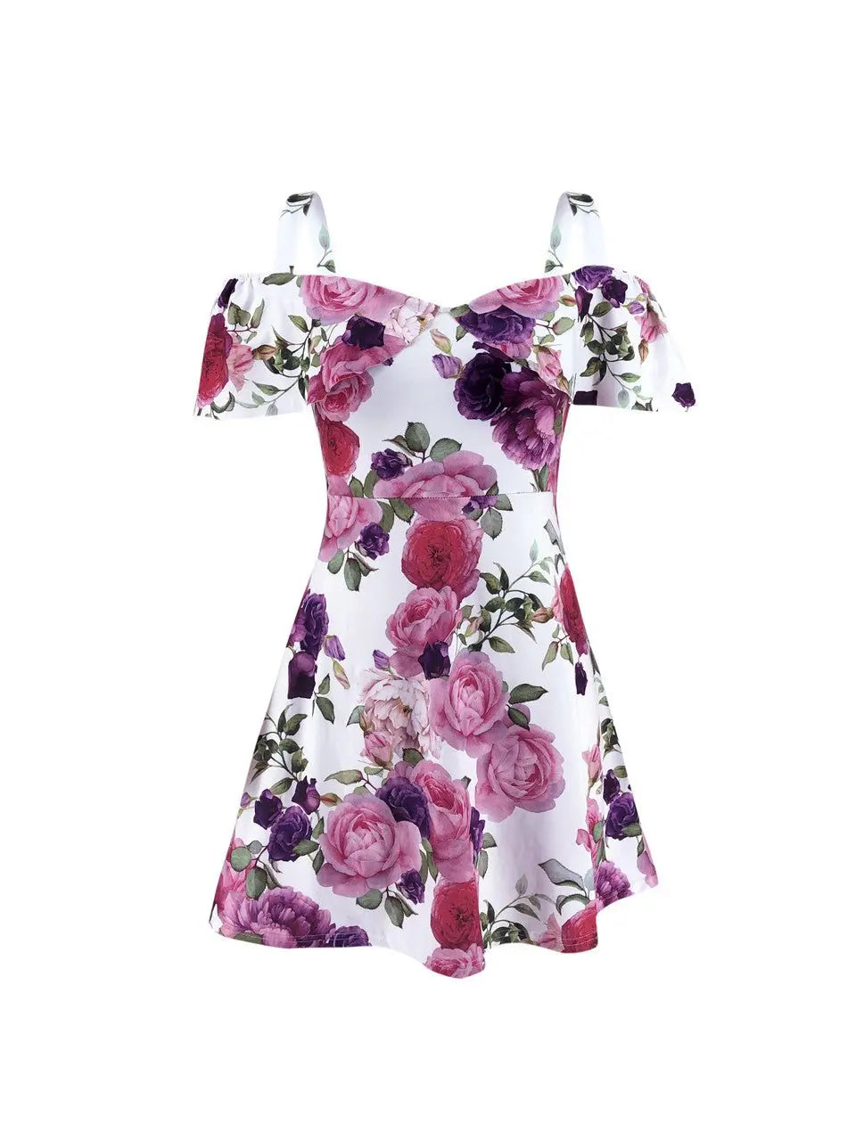 Streetwear Rullfes Decor Sling Strapless Short Sleeve Flower Print Mini Summer Dress - Blade & Thread
