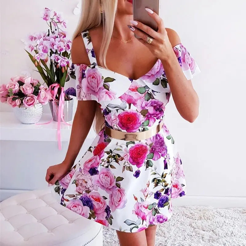 Streetwear Rullfes Decor Sling Strapless Short Sleeve Flower Print Mini Summer Dress nowadaysfashion