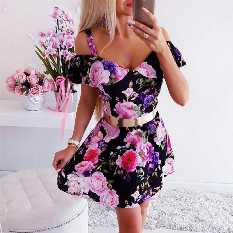 Streetwear Rullfes Decor Sling Strapless Short Sleeve Flower Print Mini Summer Dress - Blade & Thread