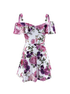 Streetwear Rullfes Decor Sling Strapless Short Sleeve Flower Print Mini Summer Dress nowadaysfashion