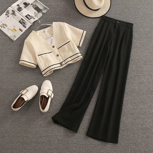 Streetwear Two Piece Set Women Crop Top Shirt Blouse + Wide Leg Pant Suits Vintage Pants Sets nowadaysfashion