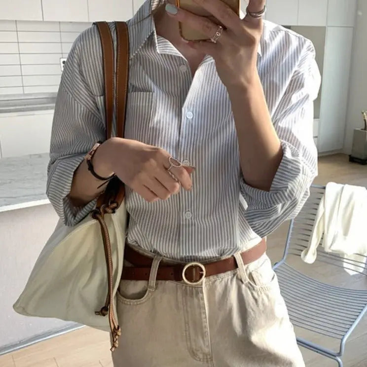 Striped Blouses Turn-down Collar  Long Sleeve Loose Female Shirts Casual Tops nowadaysfashion