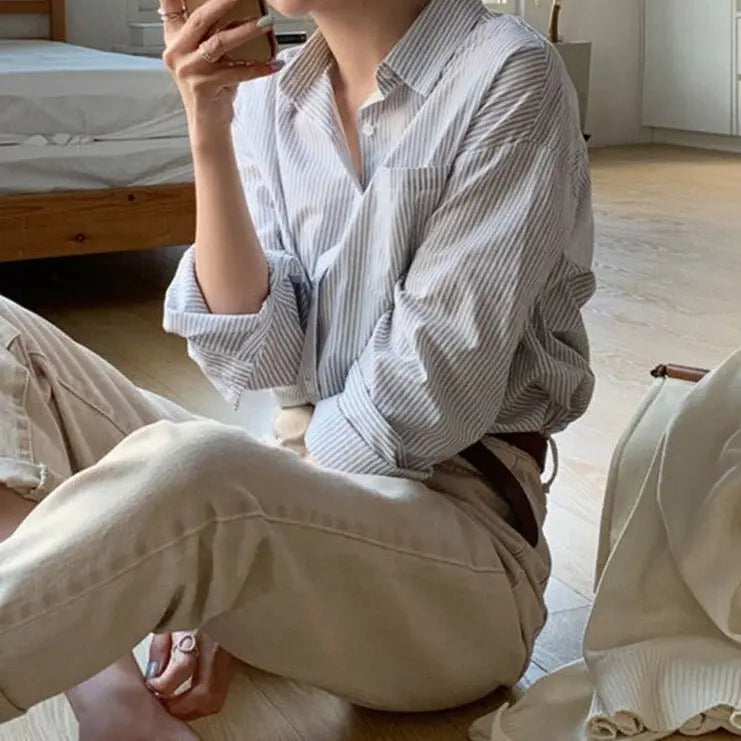 Striped Blouses Turn-down Collar Long Sleeve Loose Female Shirts Casual Tops - Blade & Thread