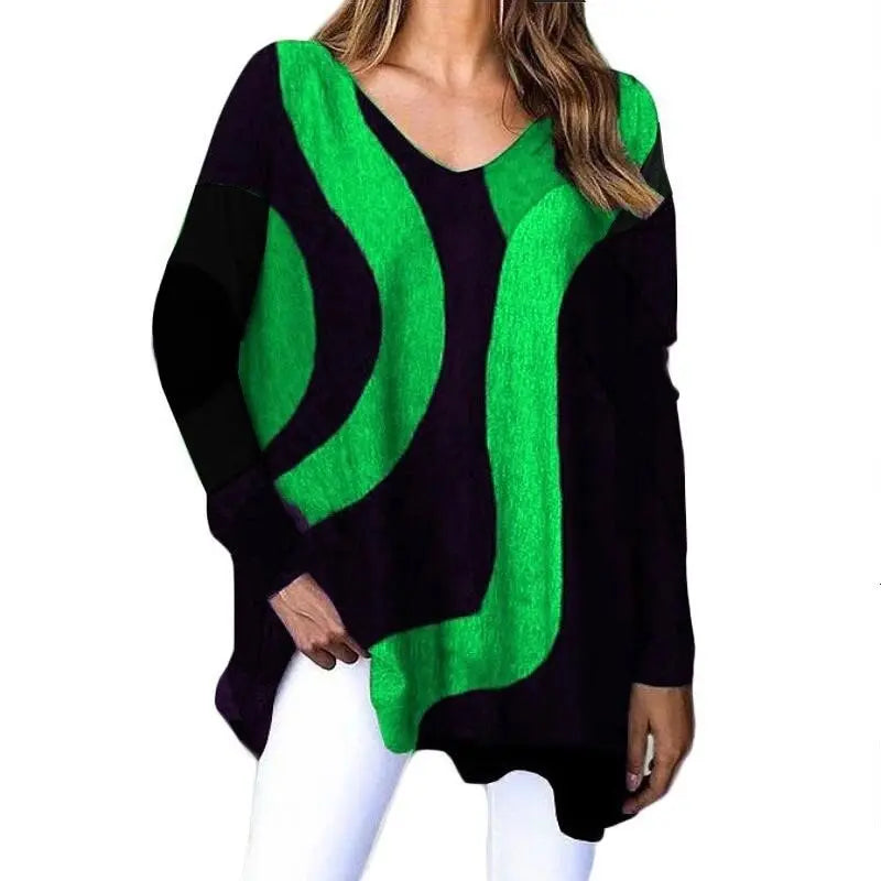 Striped Long Sleeve Printed T-Shirt Fashion V-Neck Streetwear Ladies Large Size Casual Top - Blade & Thread