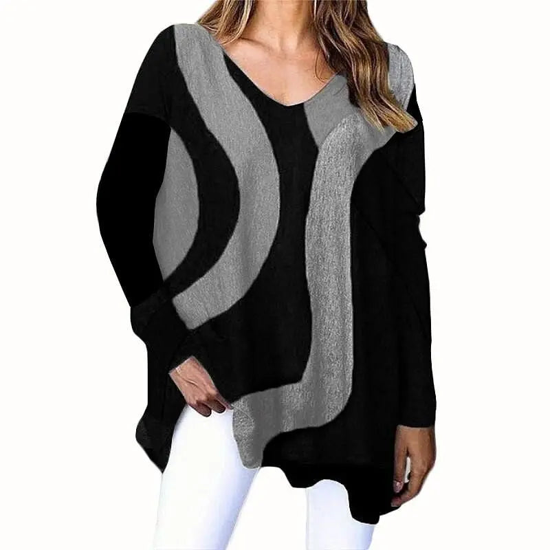 Striped Long Sleeve Printed T-Shirt Fashion V-Neck Streetwear Ladies Large Size Casual Top nowadaysfashion